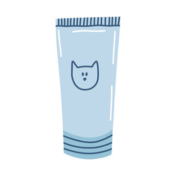 Tube With Cream And Cat Icon In Cartoon Flat Style. Dental Hygiene For Pet, Gel For Hairballs, Nutritional Supplements For Healthy Kittens