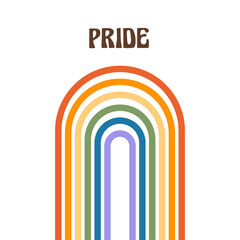 Obraz premium Mid century boho style rainbow for Pride Month design. Vector flat style icon of LGBT flag colored arch. Retro greeting card template or queer banner for same sex marriage. Illustration.