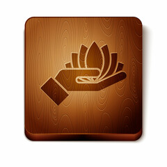 Brown Lotus flower icon isolated on white background. Wooden square button. Vector