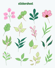 Collection of minimal leaf stickers. Planner stickers and scrapbook stickers design.