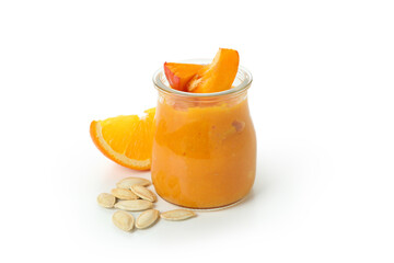 Concept of tasty food, pumpkin jam isolated on white background