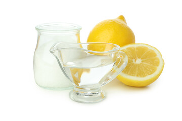 Concept of cleaning products, lemon acid isolated on white background