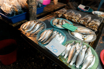 Fish market in Krabi,Raw seafood in a market near the tropical sea