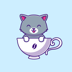 Obraz na płótnie Canvas Cute Cat In Cup Coffee Cartoon Vector Icon Illustration. Animal Drink Icon Concept Isolated Premium Vector. Flat Cartoon Style