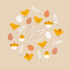Easter concept design with chicken, eggs and feathers. Hand-drawn vector composition, isolated on beige background. Spring season concept, Easter, nature.
