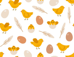 Seamless pattern of chicken, eggs and feathers. Hand-drawn vector birds, isolated on beige background. Spring season concept, Easter, nature.