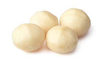 Shelled Macadamia nuts isolated on white background.