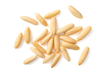 Shelled European pine nuts isolated on white background, top view.