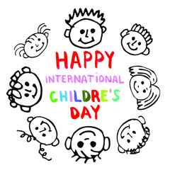 International holiday Happy Children's Day. Round vector logo template. Pencil doodles of children's faces.