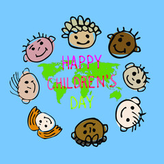 Obraz na płótnie Canvas International holiday Happy Children's Day. Round vector logo template. Pencil doodles of children's faces.