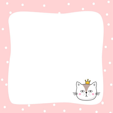 Frame for baby's photo. Cute frame with cat. Pink border. Vector illustration.