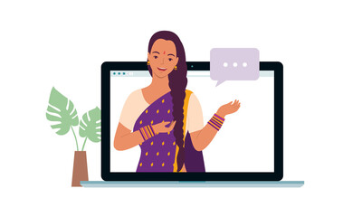 Young Happy Indian Woman With Traditional Clothing Teaching Online Classes Remotely.