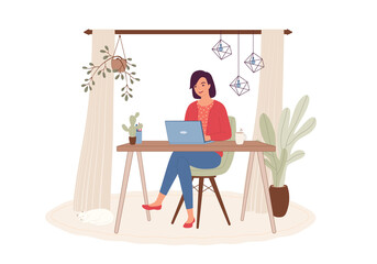 Young Woman With Her Laptop Working Remotely At Her Cozy Home. 