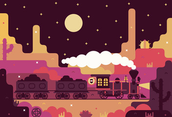 Obraz premium Historic old steam locomotive in flat stile.Engine with freight wagons rides through the desert, vector illustration
