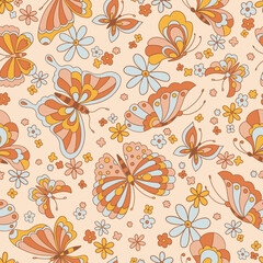 Retro 70s 60s Floral Hippie Summer Groovy Butterfly Flower Power Flower Child vector seamless pattern. Boho natural retro colours butterflies among flowers pink background surface design.