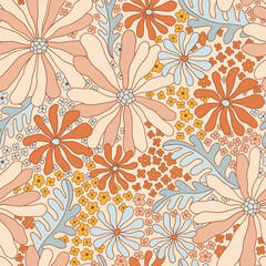 Retro 70s 60s Floral Hippie Summer Groovy Flower Power Flower Child vector seamless pattern. Boho Summer retro colours flower bouquet light background surface design. - 500376627