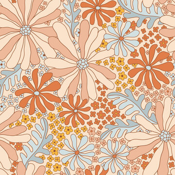 Retro 70s 60s Floral Hippie Summer Groovy Flower Power Flower Child vector seamless pattern. Boho Summer retro colours flower bouquet light background surface design.