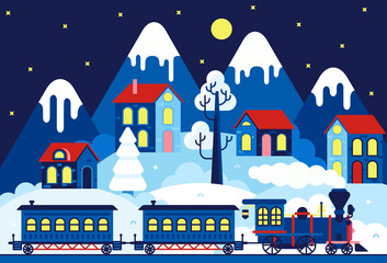 Travel by train, steam locomotive with passenger cars in a snowy village in the mountains mountain. Vector illustration