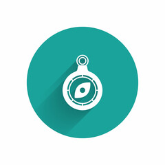 White Compass icon isolated with long shadow background. Windrose navigation symbol. Wind rose sign. Green circle button. Vector