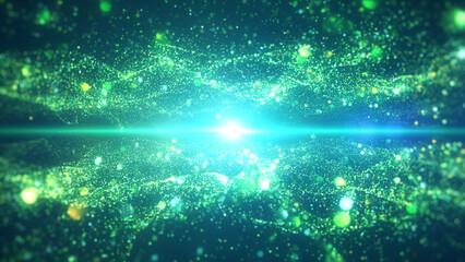 Green glow lights and particles elegance abstract background.