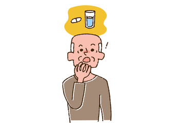 薬を飲み忘れたことに気がついた高齢男性 コミカルな手書きの人物　ベクター、線画にカラー