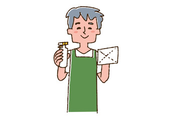 消毒用アルコールと雑巾を持っているエプロンの男性 コミカルな手書きの人物　ベクター、線画にカラー
