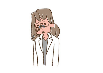 疲れ果てている女性医師 コミカルな手書きの人物　ベクター、線画にカラー