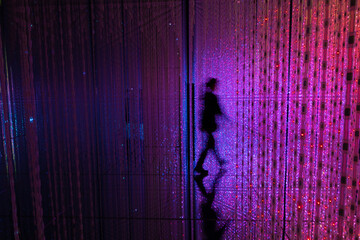 Digital Life concept. Abstract of shadow of person standing in middle of a room full of infinite...