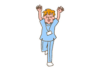 とても喜んでいる男性看護師 コミカルな手書きの人物　ベクター、線画にカラー