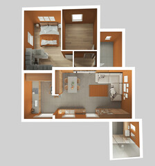 Modern apartment in orange, wooden and beige tones, top view, plan, above. Living room, kitchen with dining room, bedroom and bathroom. Concrete and parquet floor. Interior design