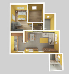 Modern apartment in yellow, wooden and beige tones, top view, plan, above. Living room, kitchen with dining room, bedroom and bathroom. Concrete and parquet floor. Interior design