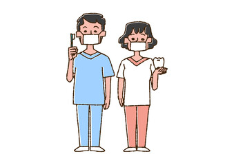 歯医者と歯科衛生士  コミカルな手書きの人物　ベクター、線画にカラー