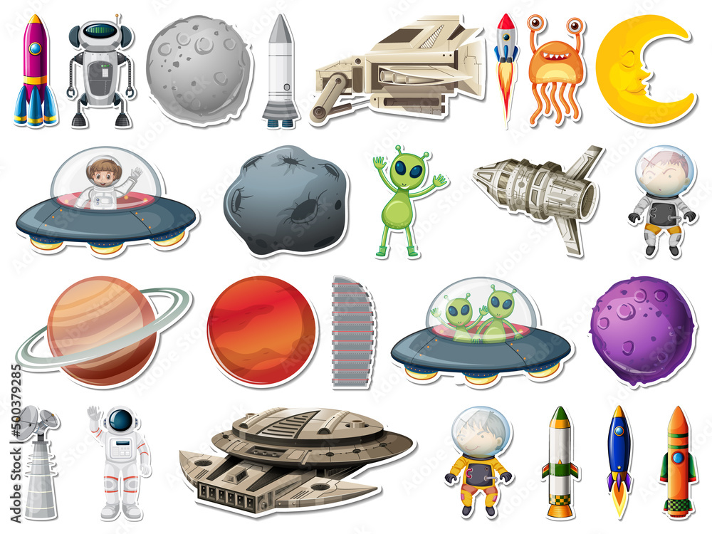 Wall mural sticker set of outer space objects and astronauts