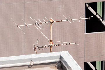 TV UHF Yagi antenna install on the wall of a house to receive Digital TV broadcast