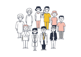 いろんな医療従事者 コミカルな手書きの人物　ベクター、線画にカラー
