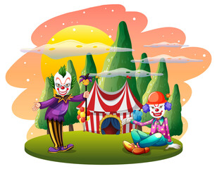 Isolated outdoor scene with clown cartoon characters