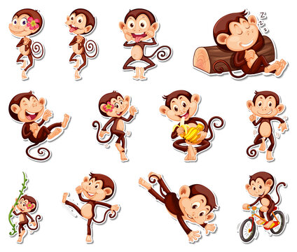 Sticker set of funny monkey cartoon characters