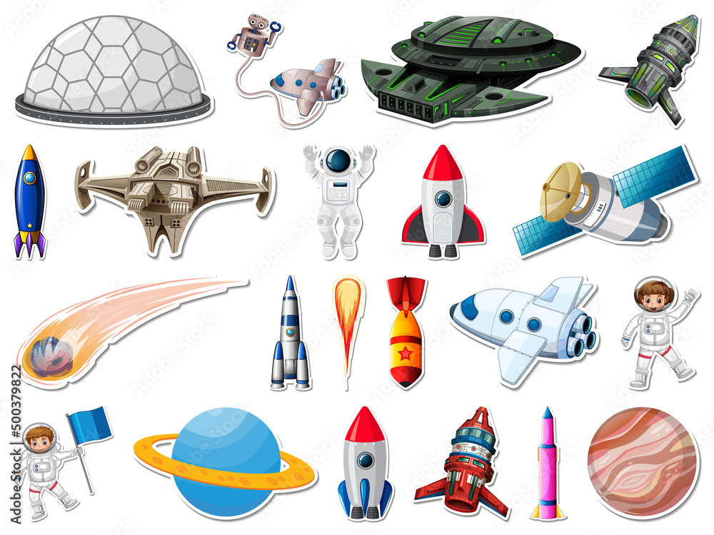Wall mural sticker set of outer space objects and astronauts