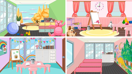 Set of different kindergarten classroom scenes