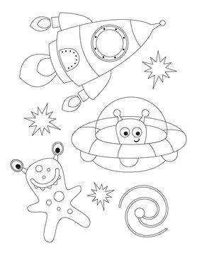 Space coloring page printable for children. Preschool Space. Cute alien, rocket ship, UFO, stars. Coloring Book. Vector illustration.