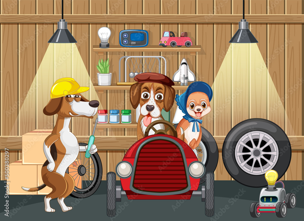 Wall mural dogs repairs car in garage