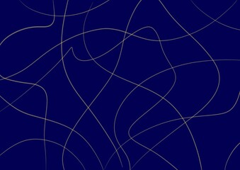 Abstract art background navy blue color with wavy golden thin lines. Dark indigo backdrop with curve fluid ribbon.