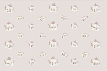 seamless pattern with vintage kettle teapot  and cup  on pastel background.