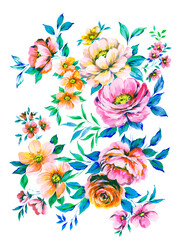 Fototapeta na wymiar hand painted bright multicolor lush floral motif with peonies, with buds, wild flowers leaves on white background. suitable for postcards and invitations