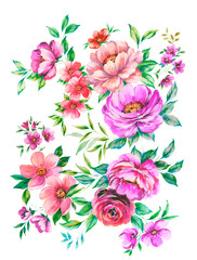 hand painted bright multicolor lush floral motif with peonies, with buds, wild flowers leaves on white background. suitable for postcards and invitations
