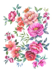  hand painted bright multicolor lush floral motif with peonies, with buds, wild flowers leaves on white background. suitable for postcards and invitations © seninaekaterina