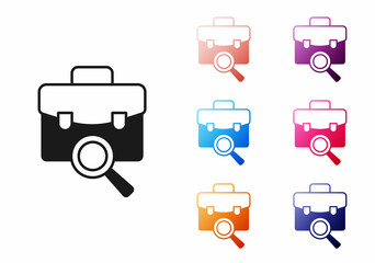 Black Magnifying glass with briefcase icon isolated on white background. Job hunting. Work search concept. Unemployment, head hunting, career. Set icons colorful. Vector