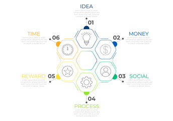 Circular polygon timeline business infographic design vector with icons. Annual modern network project template for presentation and report.	
