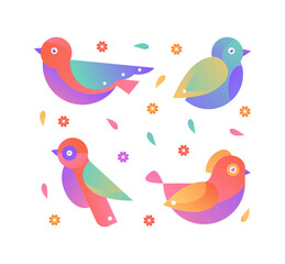 Naklejka premium Vector illustration of colorful spring birds. Geometric gradient birds isolated on white background. Textile or branding design idea, notebook cover, nursery poster.