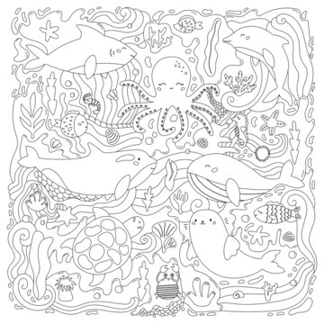 Coloring page for adults and kids. Marine life. Cartoon sea and ocean animals. Hand drawn underwater plants, seaweeds and corals. Anti stress doodle coloring book. Black and white vector illustration.